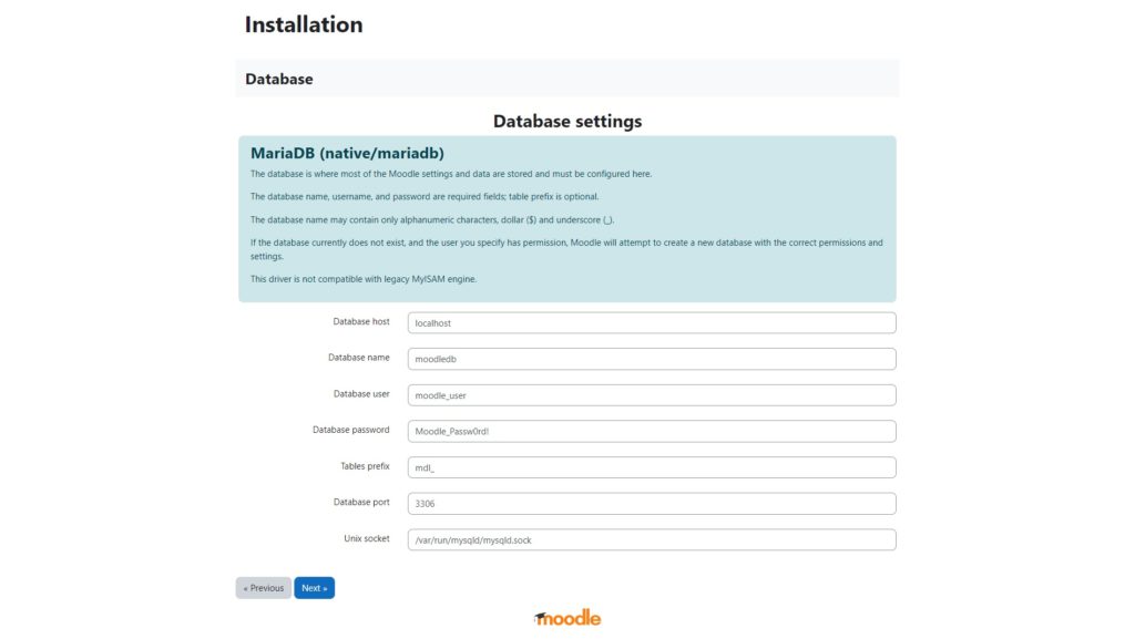 Moodle Database Settings