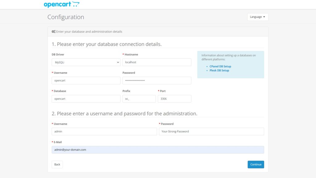 OpenCart database details