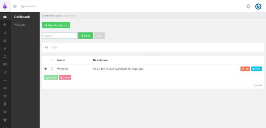 PyroCMS dashboard