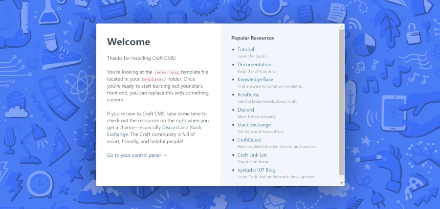 Craft CMS welcome page