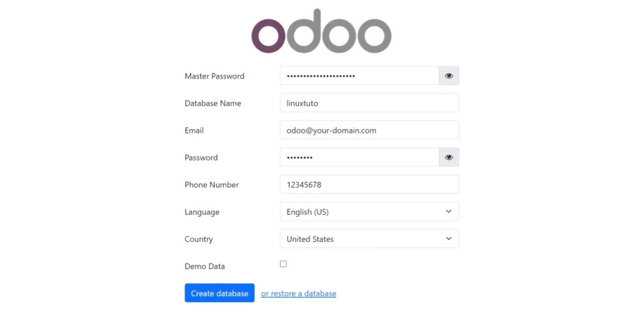 Odoo 17 Create Database Page