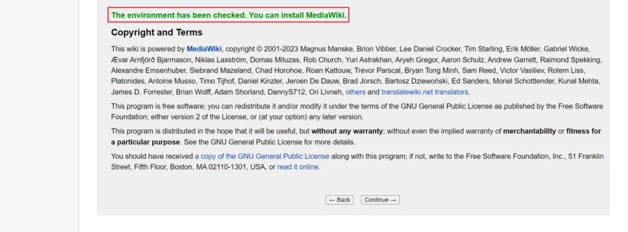 The environment has been checked. You can install MediaWiki