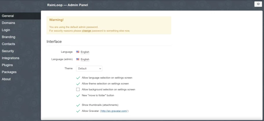 RainLoop admin dashboard