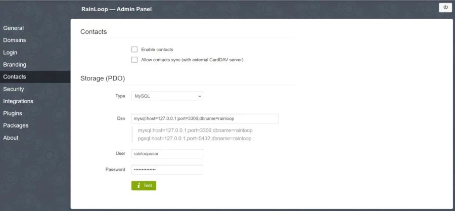 RainLoop MySQL configuration